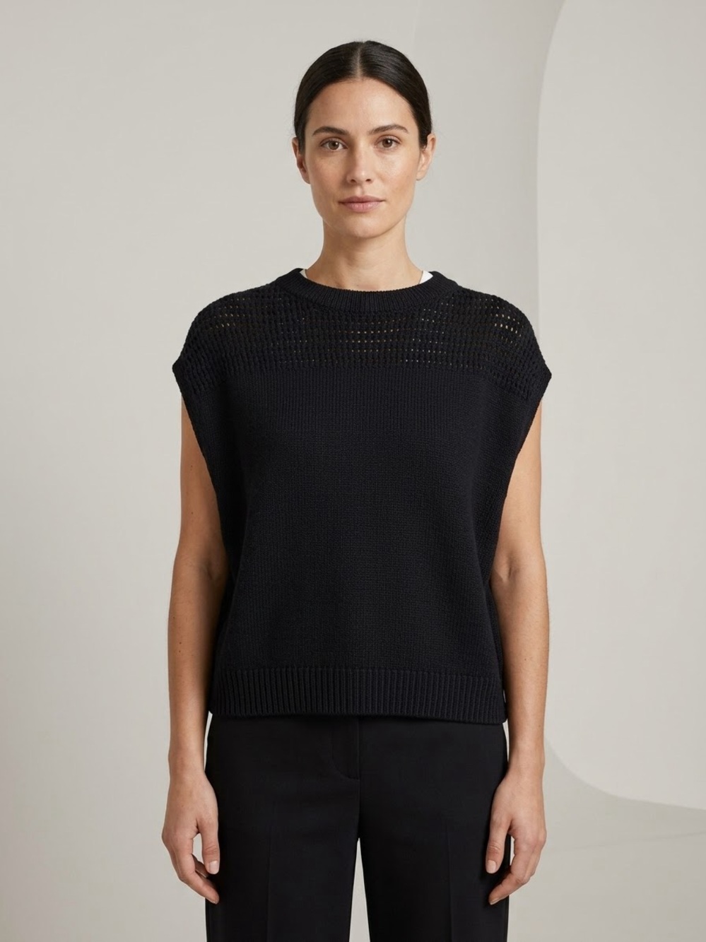 Max Studio London Black Linen Blend Open Mesh Knit Vest Top Size S lagenlook
